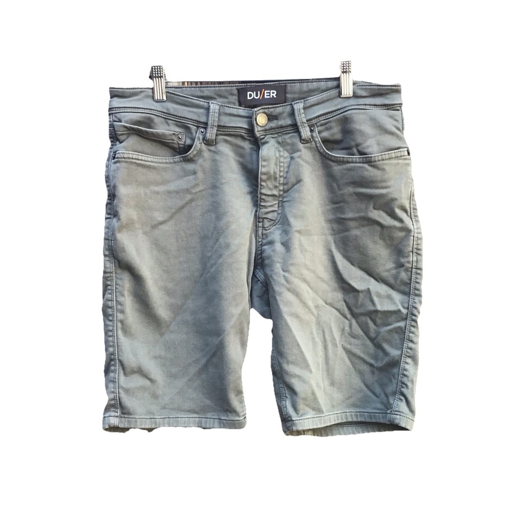 DU/ER No Sweat Slim Fit Shorts Men's 32 Khaki Green Stretch Performance 33x9.5